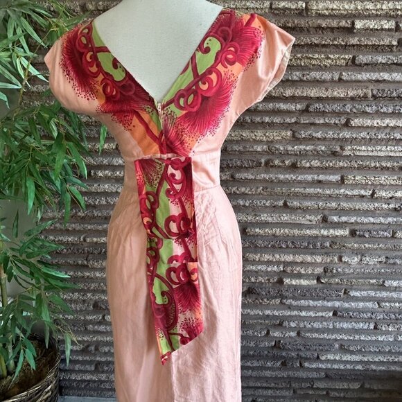Vintage 60s Hawaiian Togs Peach Floral Tiki Hostess Maxi Empire Waist Dress - Picture 5 of 10
